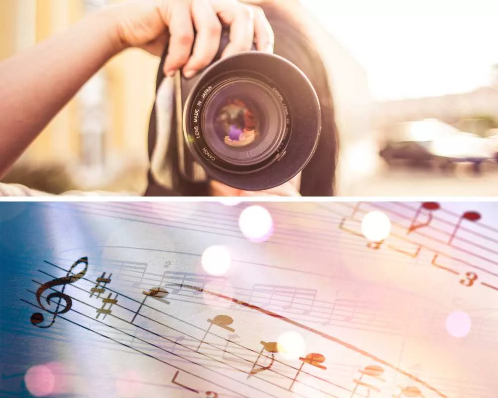 Image of a person taking a picture with a camera over top of sheet music